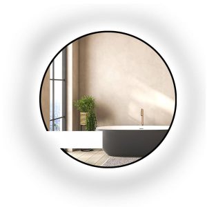 Okrągłe lustro z wycięciem na szafkę w czarnej ramie mdf – ORFEUSZ LED 865718 Okrągłe lustro z wycięciem na szafkę w czarnej ramie mdf – ORFEUSZ LED 865718