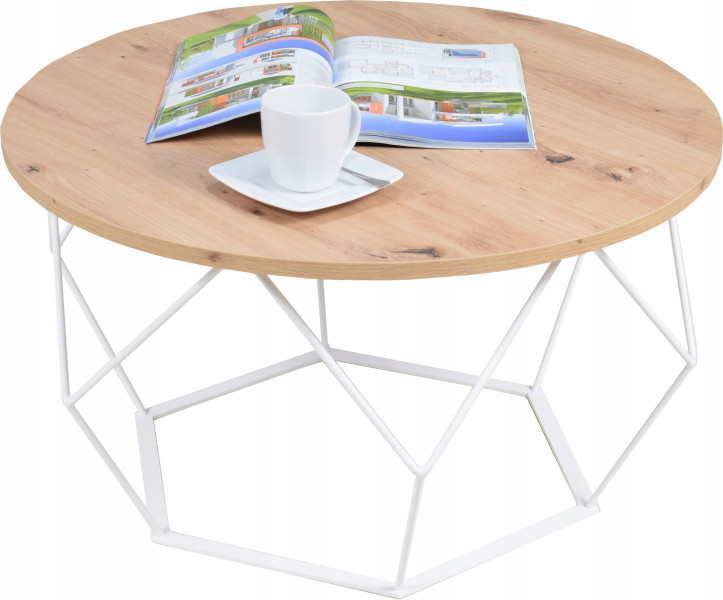 Okrągły Stoliczek Kawowy DIAMENT Loft Salon 75x75x43 Biały+Dąb Artisan 856074