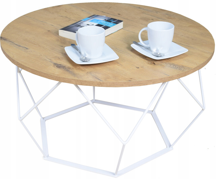 Okrągły Stoliczek Kawowy DIAMENT Loft Salon 75x75x43 Biały+Dąb Lancelot 856154