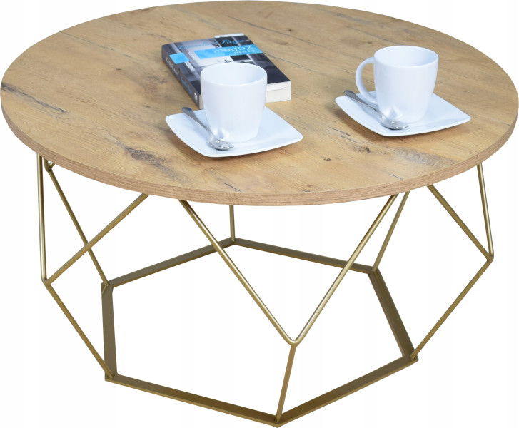 Okrągły Stoliczek Kawowy DIAMENT Loft Salon 75x75x43 Złoty+Dąb Lancelot 856089