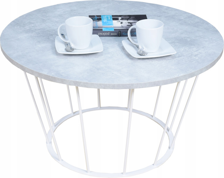 Okrągły Stoliczek Kawowy Z Drutu Loft 75x75x43 Biały+Blat Beton Jasny 856118
