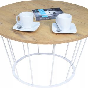 Okrągły Stoliczek Kawowy Z Drutu Loft 75x75x43 Biały+Blat Dąb Lancelot 856084 Okrągły Stoliczek Kawowy Z Drutu Loft 75x75x43 Biały+Blat Dąb Lancelot 856084
