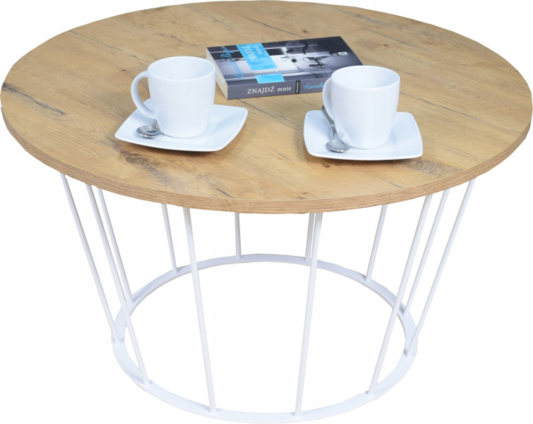 Okrągły Stoliczek Kawowy Z Drutu Loft 75x75x43 Biały+Blat Dąb Lancelot 856084