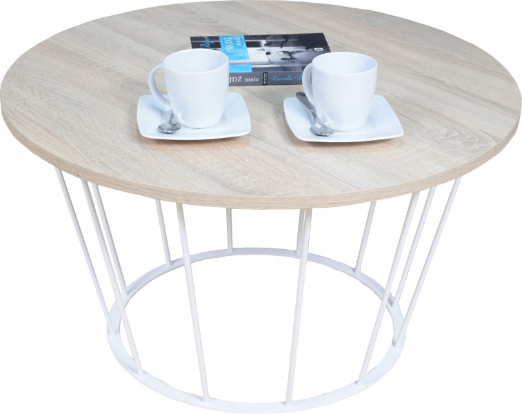 Okrągły Stoliczek Kawowy Z Drutu Loft 75x75x43 Biały+Blat Dąb Sonoma 856195