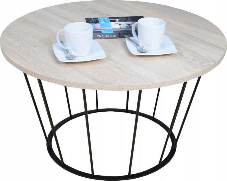 Okrągły Stoliczek Kawowy Z Drutu Loft 75x75x43 Czarny+Blat Dąb Sonoma 856122
