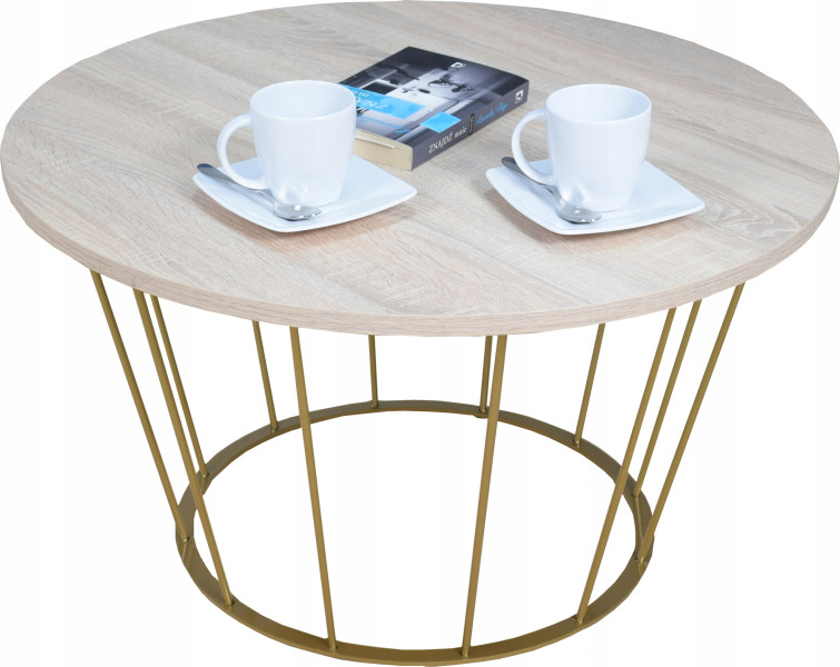 Okrągły Stoliczek Kawowy Z Drutu Loft 75x75x43 Złoty+ Blat Dąb Sonoma 856151