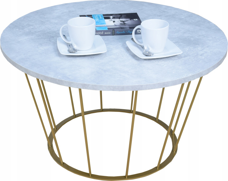 Okrągły Stoliczek Kawowy Z Drutu Loft 75x75x43 Złoty+Blat Beton Jasny 856124
