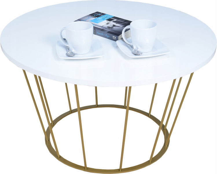 Okrągły Stoliczek Kawowy Z Drutu Loft 75x75x43 Złoty+Blat Biały Połysk 856157