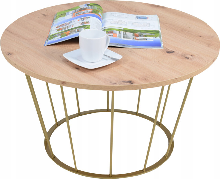 Okrągły Stoliczek Kawowy Z Drutu Loft 75x75x43 Złoty+Blat Dąb Artisan 856121