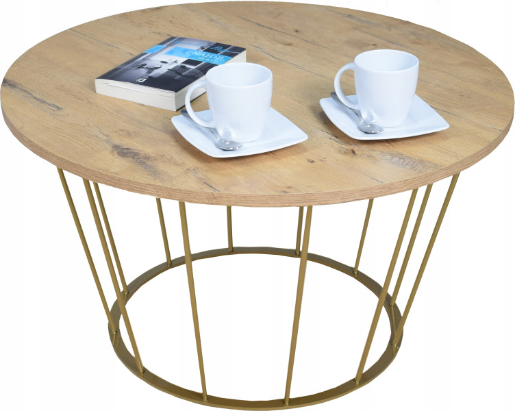 Okrągły Stoliczek Kawowy Z Drutu Loft 75x75x43 Złoty+Blat Dąb Lancelot 856171