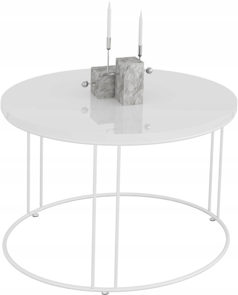 Okrągły Stolik Kawowy Z Drutu Do Salonu Loft 55x55x37 Biały+Biały Połysk 859021