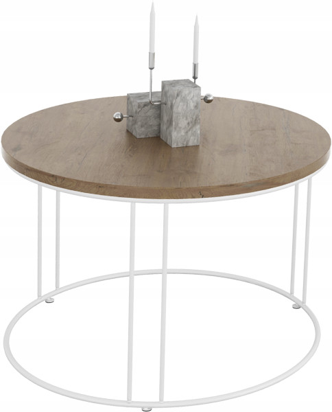 Okrągły Stolik Kawowy Z Drutu Do Salonu Loft 55x55x37 Biały+Dąb Lancelot 859066
