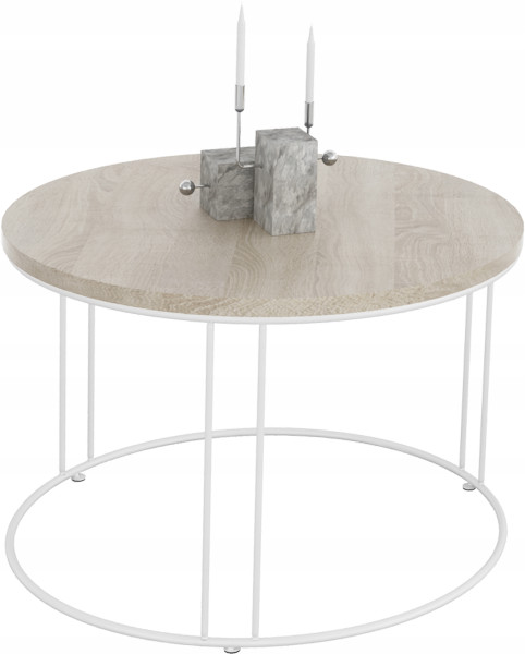 Okrągły Stolik Kawowy Z Drutu Do Salonu Loft 55x55x37 Biały+Dąb Sonoma 859029