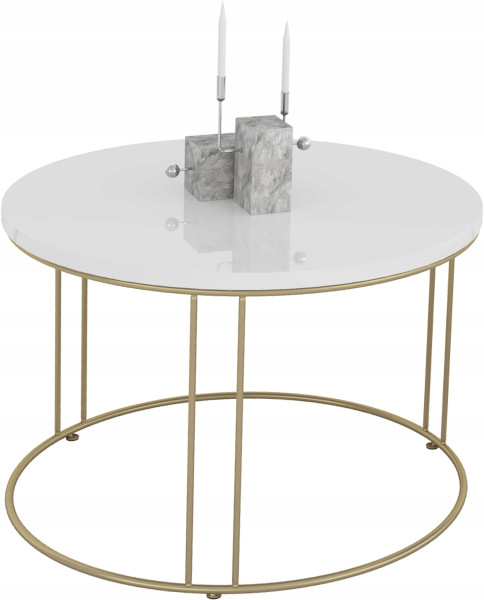 Okrągły Stolik Kawowy Z Drutu Do Salonu Loft 55x55x37 Złoty+Biały Połysk 859059