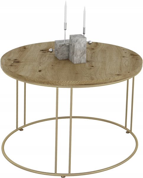 Okrągły Stolik Kawowy Z Drutu Do Salonu Loft 55x55x37 Złoty+Dąb Artisan 859074