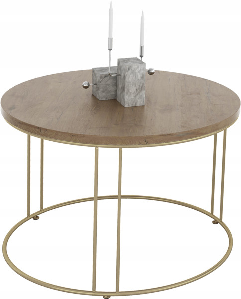 Okrągły Stolik Kawowy Z Drutu Do Salonu Loft 55x55x37 Złoty+Dąb Lancelot 859035