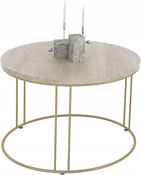 Okrągły Stolik Kawowy Z Drutu Do Salonu Loft 55x55x37 Złoty+Dąb Sonoma 859020