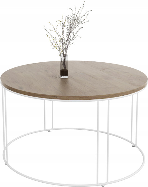 Okrągły Stolik Kawowy Z Drutu Do Salonu Loft 75x75x43 Biały+Dąb Lancelot 859036
