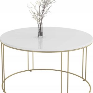 Okrągły Stolik Kawowy Z Drutu Do Salonu Loft 75x75x43 Złoty+Biały Połysk 859016 Okrągły Stolik Kawowy Z Drutu Do Salonu Loft 75x75x43 Złoty+Biały Połysk 859016
