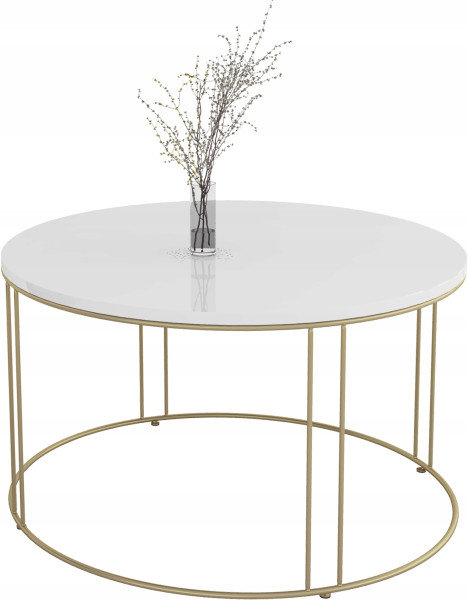 Okrągły Stolik Kawowy Z Drutu Do Salonu Loft 75x75x43 Złoty+Biały Połysk 859016