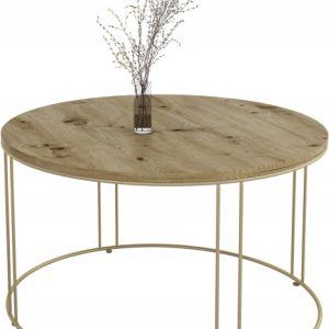 Okrągły Stolik Kawowy Z Drutu Do Salonu Loft 75x75x43 Złoty+Dąb Artisan 859058