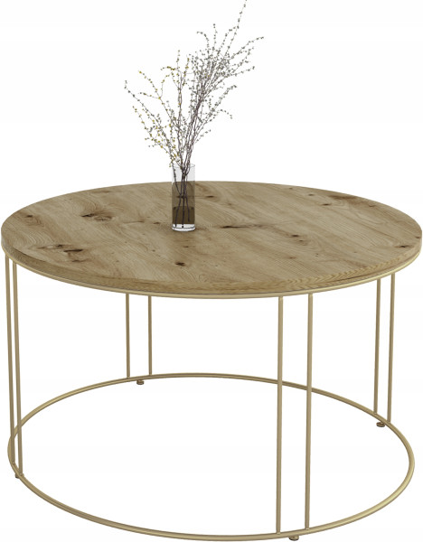 Okrągły Stolik Kawowy Z Drutu Do Salonu Loft 75x75x43 Złoty+Dąb Artisan 859058