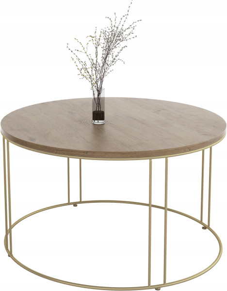 Okrągły Stolik Kawowy Z Drutu Do Salonu Loft 75x75x43 Złoty+Dąb Lancelot 859063