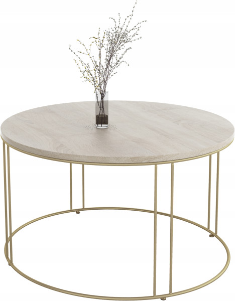 Okrągły Stolik Kawowy Z Drutu Do Salonu Loft 75x75x43 Złoty+Dąb Sonoma 859073