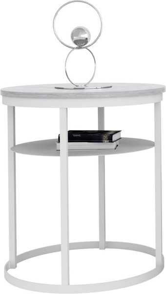 Okrągły Stolik Kawowy z Półką Do Salonu Loft 55 cm Metal Biały+Beton Jasny 963600