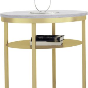 Okrągły Stolik Kawowy z Półką Do Salonu Loft 55 cm Metal Złoty+Beton Jasny 963588