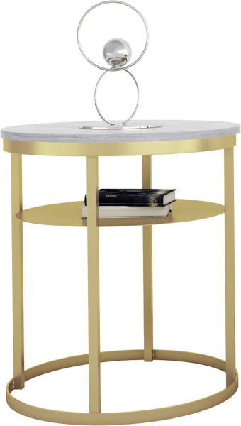 Okrągły Stolik Kawowy z Półką Do Salonu Loft 55 cm Metal Złoty+Beton Jasny 963588