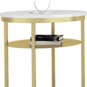 Okrągły Stolik Kawowy z Półką Do Salonu Loft 55 cm Metal Złoty+Biały Połysk 963622