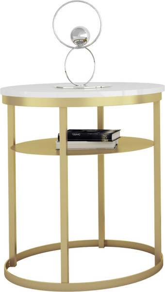 Okrągły Stolik Kawowy z Półką Do Salonu Loft 55 cm Metal Złoty+Biały Połysk 963622
