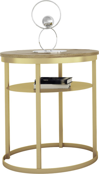 Okrągły Stolik Kawowy z Półką Do Salonu Loft 55 cm Metal Złoty+Dąb Artisan 963602