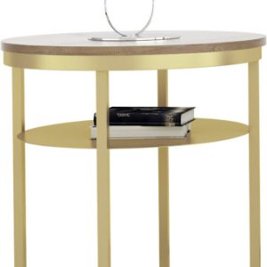 Okrągły Stolik Kawowy z Półką Do Salonu Loft 55 cm Metal Złoty+Dąb Lancelot 963624