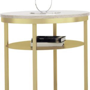 Okrągły Stolik Kawowy z Półką Do Salonu Loft 55 cm Metal Złoty+Dąb Sonoma 963605