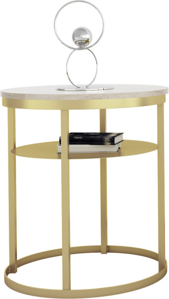 Okrągły Stolik Kawowy z Półką Do Salonu Loft 55 cm Metal Złoty+Dąb Sonoma 963605
