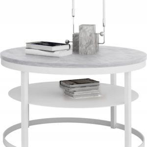 Okrągły Stolik Kawowy z Półką Do Salonu Loft Metal 75cm Biały+Beton Jasny 946566
