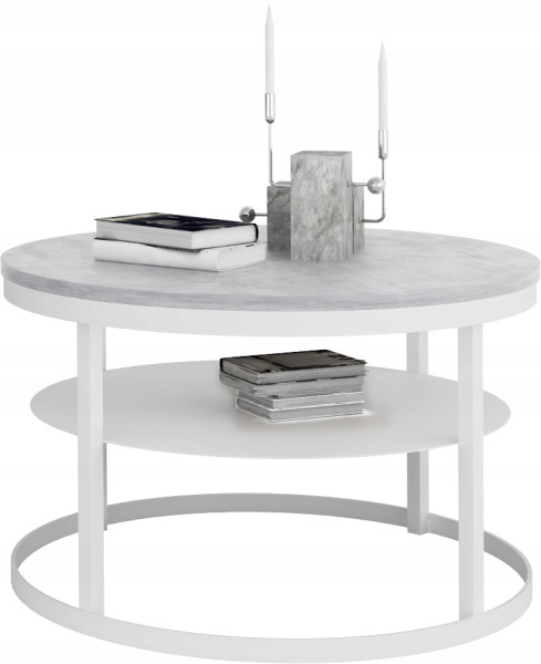 Okrągły Stolik Kawowy z Półką Do Salonu Loft Metal 75cm Biały+Beton Jasny 946566