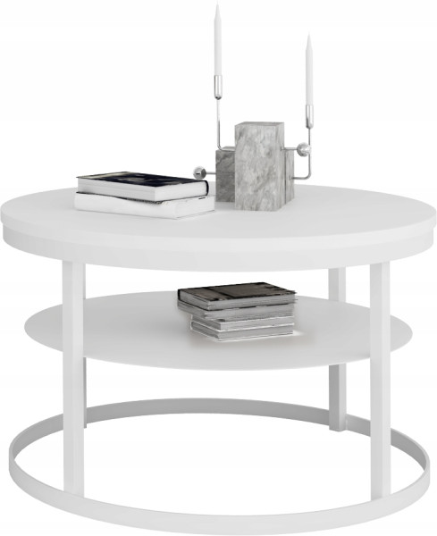 Okrągły Stolik Kawowy z Półką Do Salonu Loft Metal 75cm Biały+Biały Mat 946544