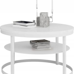 Okrągły Stolik Kawowy z Półką Do Salonu Loft Metal 75cm Biały+Biały Połysk 946562