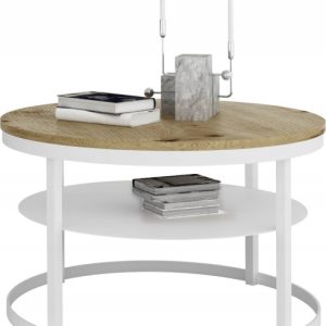 Okrągły Stolik Kawowy z Półką Do Salonu Loft Metal 75cm Biały+Dąb Artisan 946560