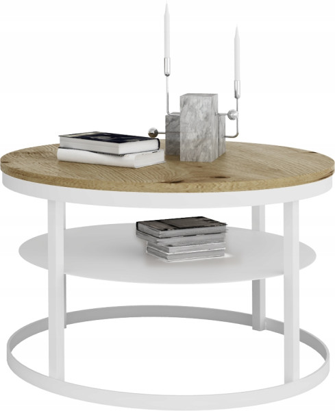 Okrągły Stolik Kawowy z Półką Do Salonu Loft Metal 75cm Biały+Dąb Artisan 946560