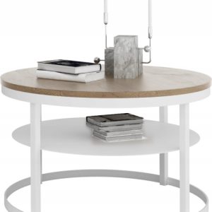 Okrągły Stolik Kawowy z Półką Do Salonu Loft Metal 75cm Biały+Dąb Lancelot 946570