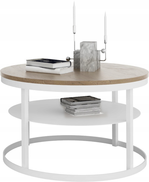 Okrągły Stolik Kawowy z Półką Do Salonu Loft Metal 75cm Biały+Dąb Lancelot 946570