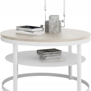 Okrągły Stolik Kawowy z Półką Do Salonu Loft Metal 75cm Biały+Dąb Sonoma 946561 Okrągły Stolik Kawowy z Półką Do Salonu Loft Metal 75cm Biały+Dąb Sonoma 946561