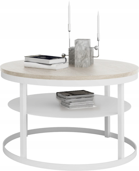 Okrągły Stolik Kawowy z Półką Do Salonu Loft Metal 75cm Biały+Dąb Sonoma 946561
