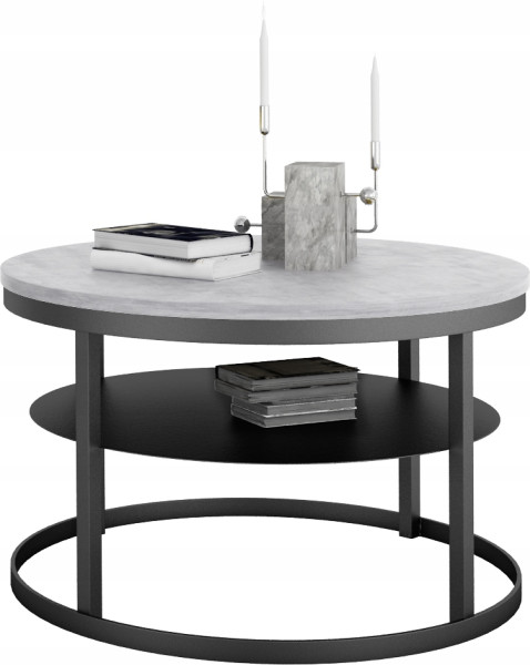 Okrągły Stolik Kawowy z Półką Do Salonu Loft Metal 75cm Czarny+Beton Jasny 946576
