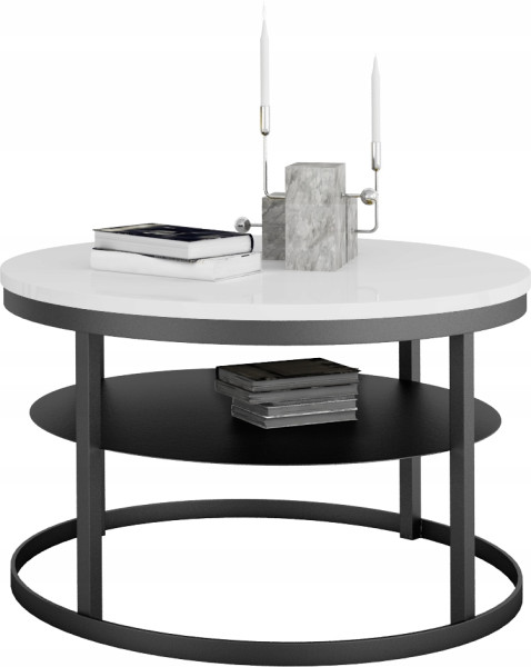 Okrągły Stolik Kawowy z Półką Do Salonu Loft Metal 75cm Czarny+Biały Połysk 946550
