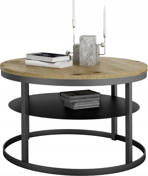 Okrągły Stolik Kawowy z Półką Do Salonu Loft Metal 75cm Czarny+Dąb Artisan 946545